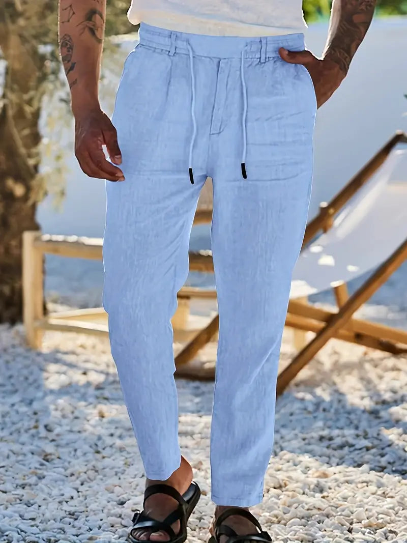 NICHOLS | CORD-TRIMMED WIDE LINEN PANTS